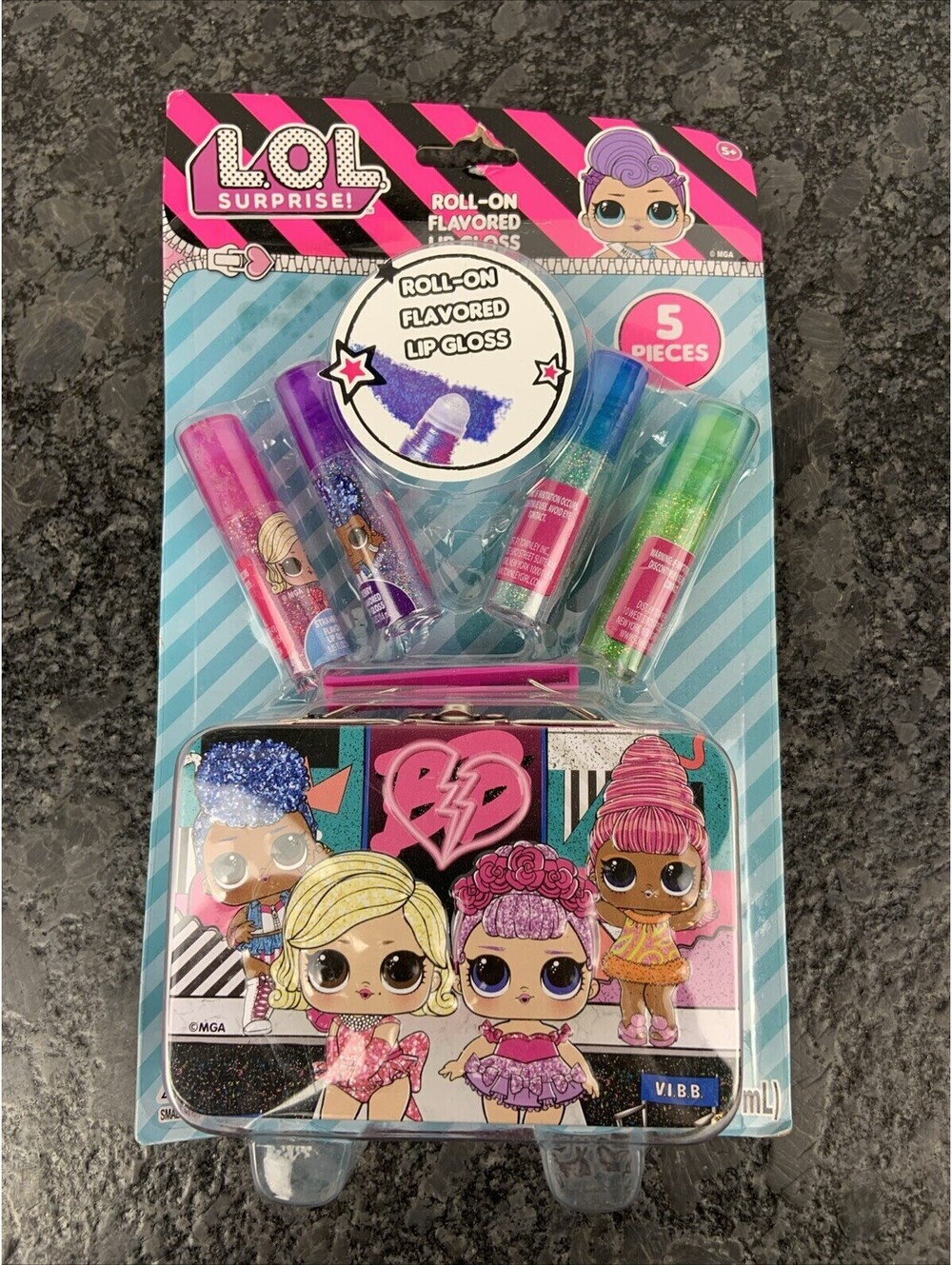 LOL Surprise Doll 5 Piece Roll On Flavored Lip Gloss w/ Tin Case NEW
